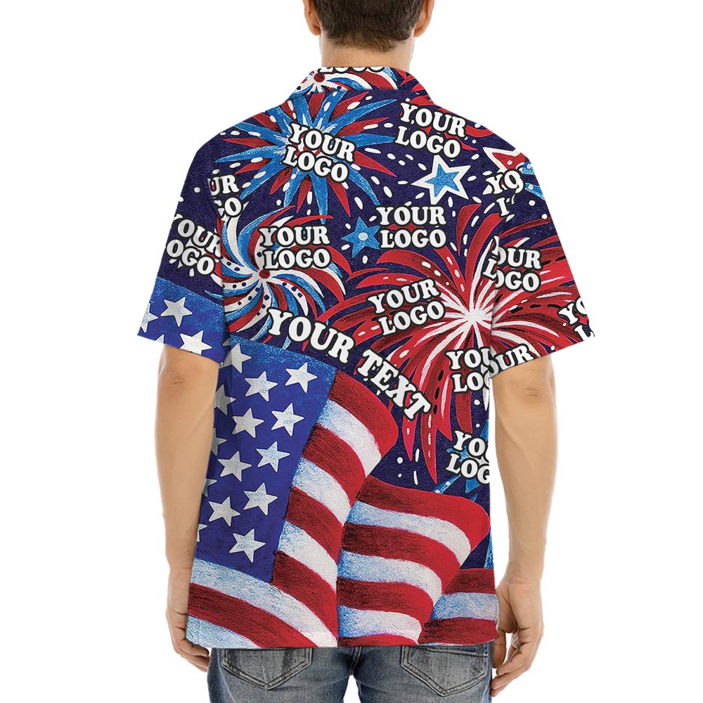 USA Flag With Firework Men's Hawaiian Shirt Custom Logo