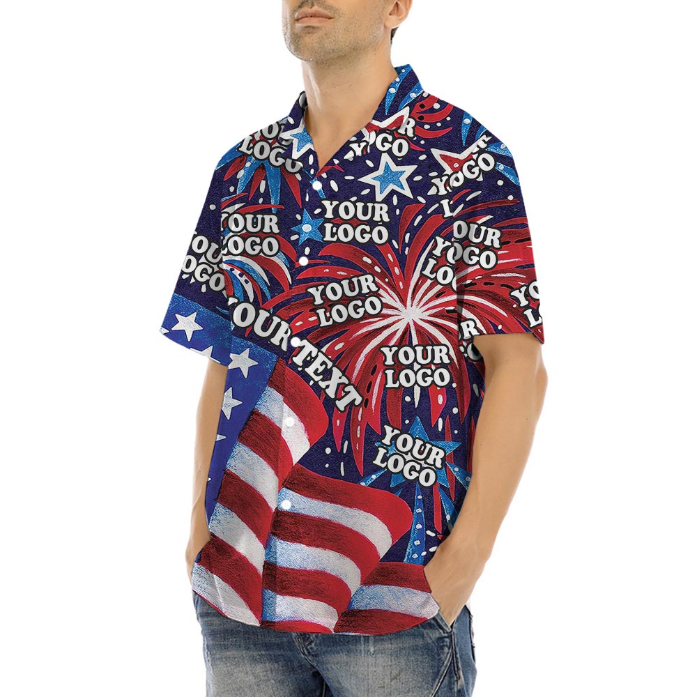 USA Flag With Firework Men's Hawaiian Shirt Custom Logo
