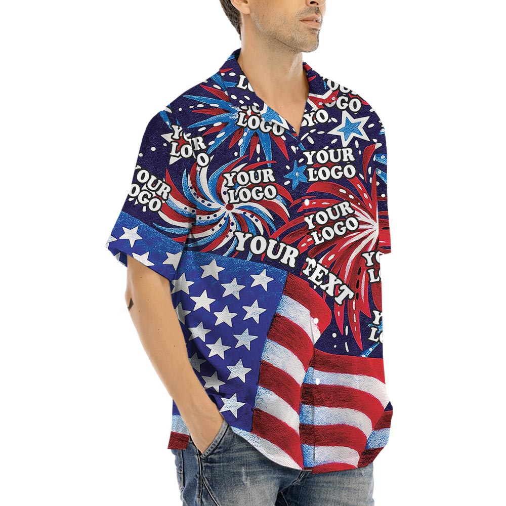 USA Flag With Firework Men's Hawaiian Shirt Custom Logo