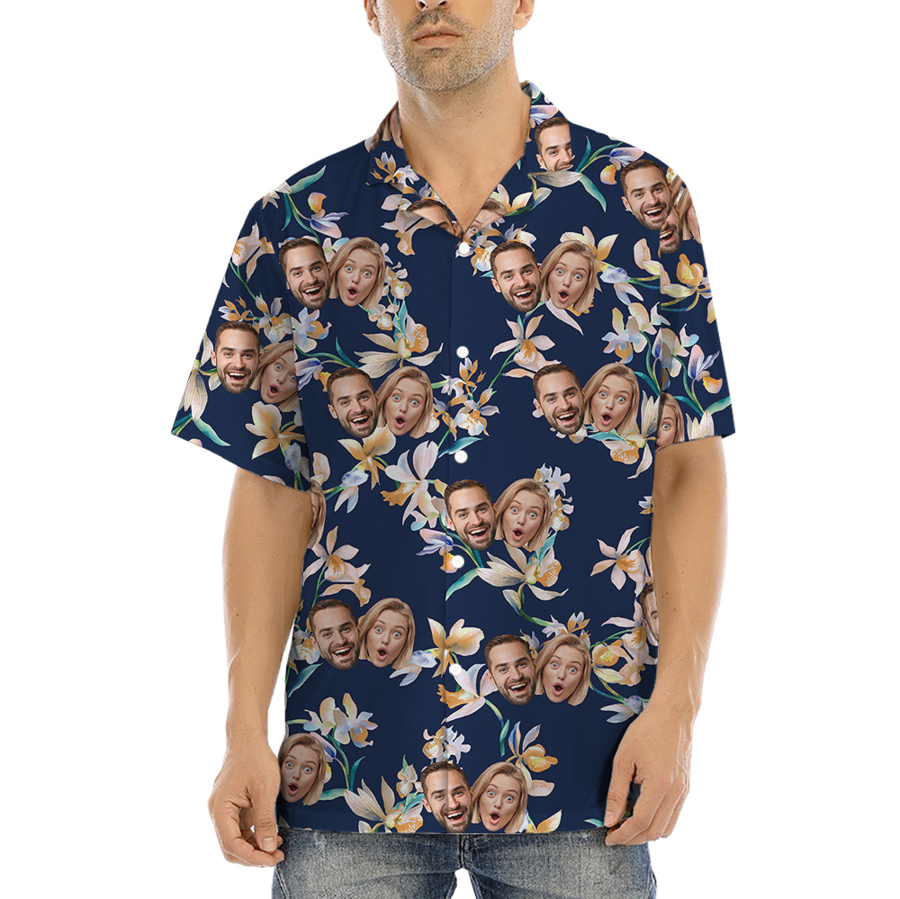 Custom Couple Faces Hula Button Up Shirts