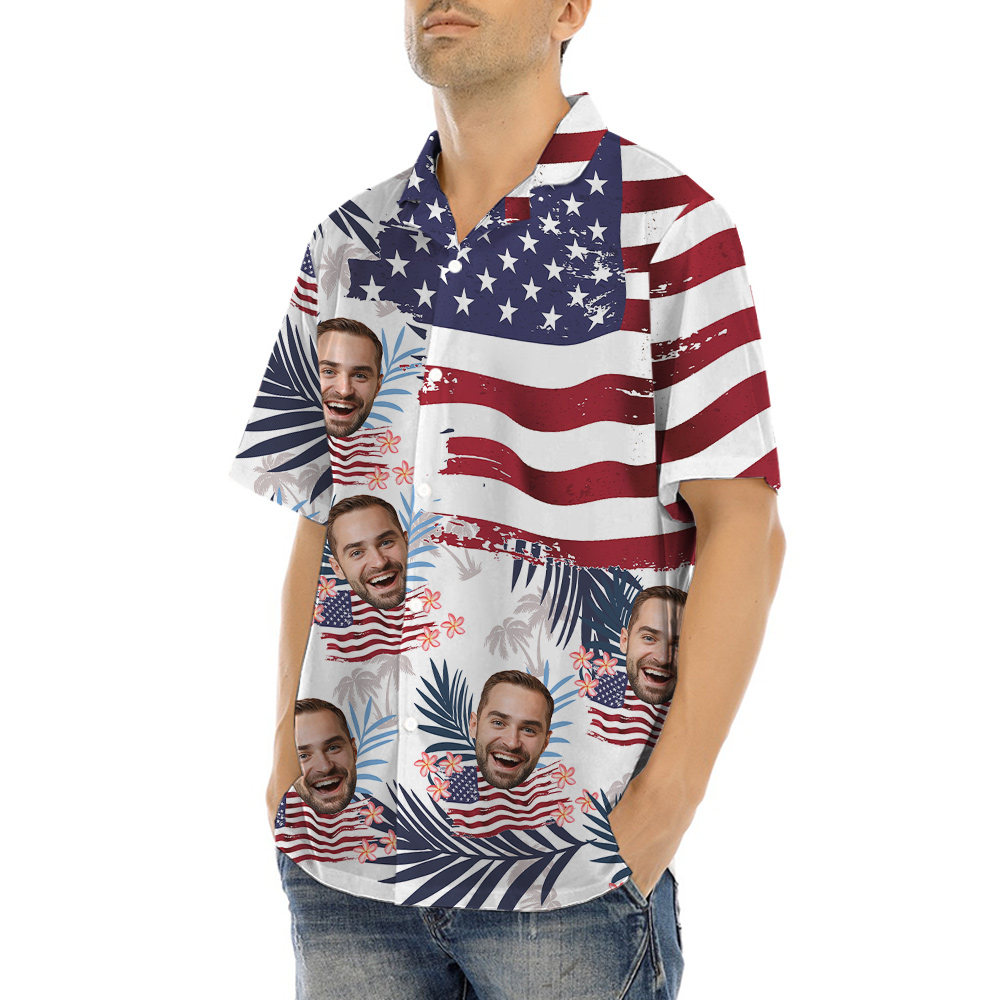 Custom Face American Flag Tropical Patriotic Hawaiian Men's Shirt
