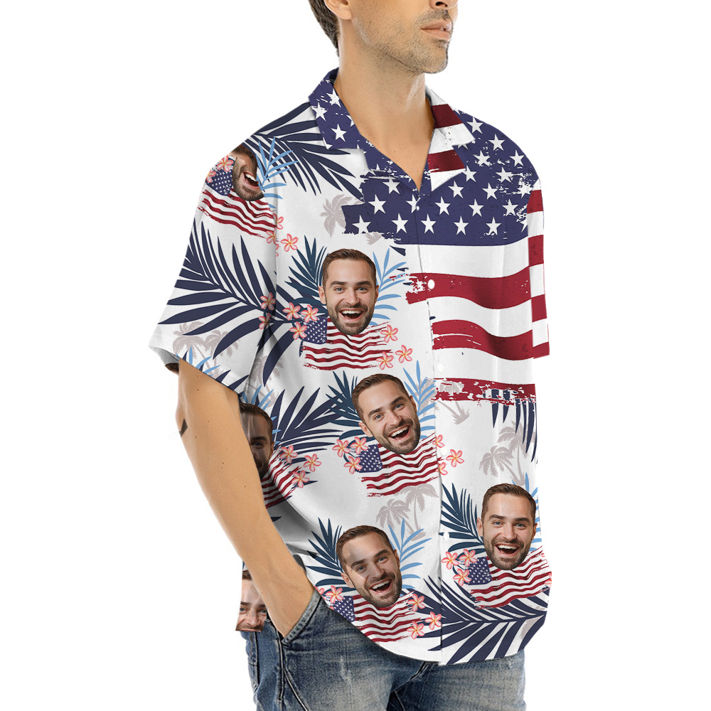 Custom Face American Flag Tropical Patriotic Hawaiian Men's Shirt