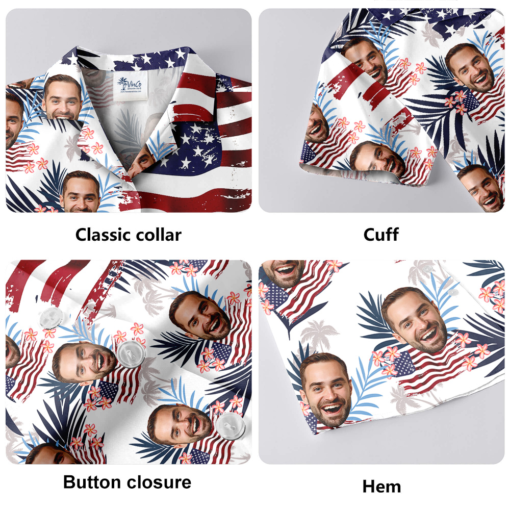 Custom Face American Flag Tropical Patriotic Hawaiian Men's Shirt