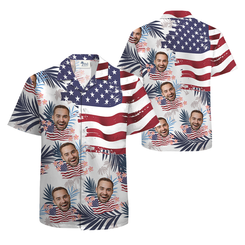 Custom Face American Flag Tropical Patriotic Hawaiian Men's Shirt