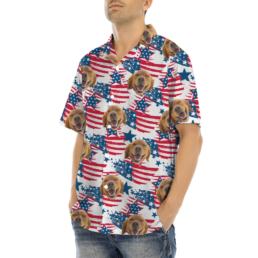 Funny Custom Dog Face 4th Of July Hawaiian Button Up Shirt