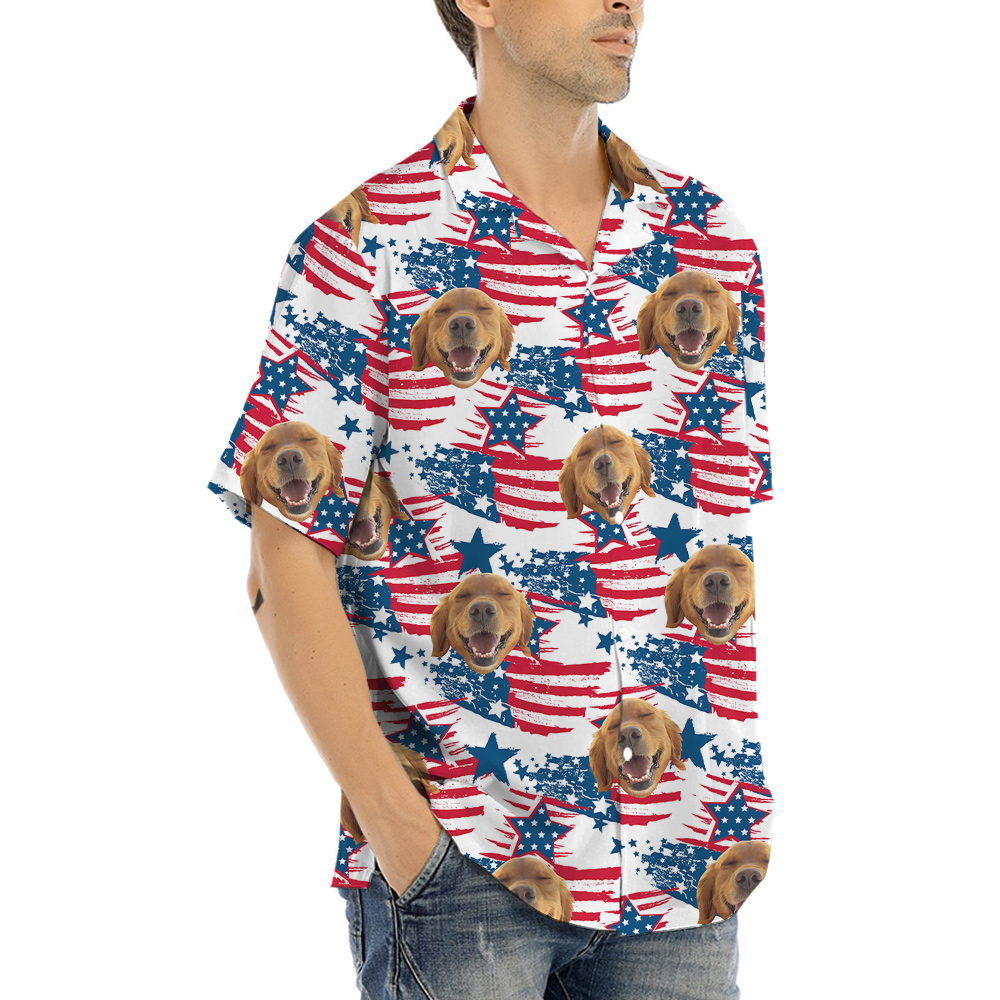 Funny Custom Dog Face 4th Of July Hawaiian Button Up Shirt
