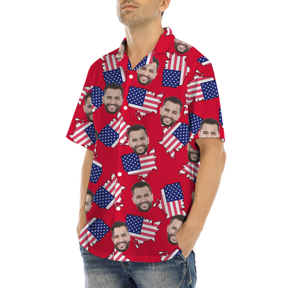 Custom Face Patriotic American Maps Red Aloha Shirt
