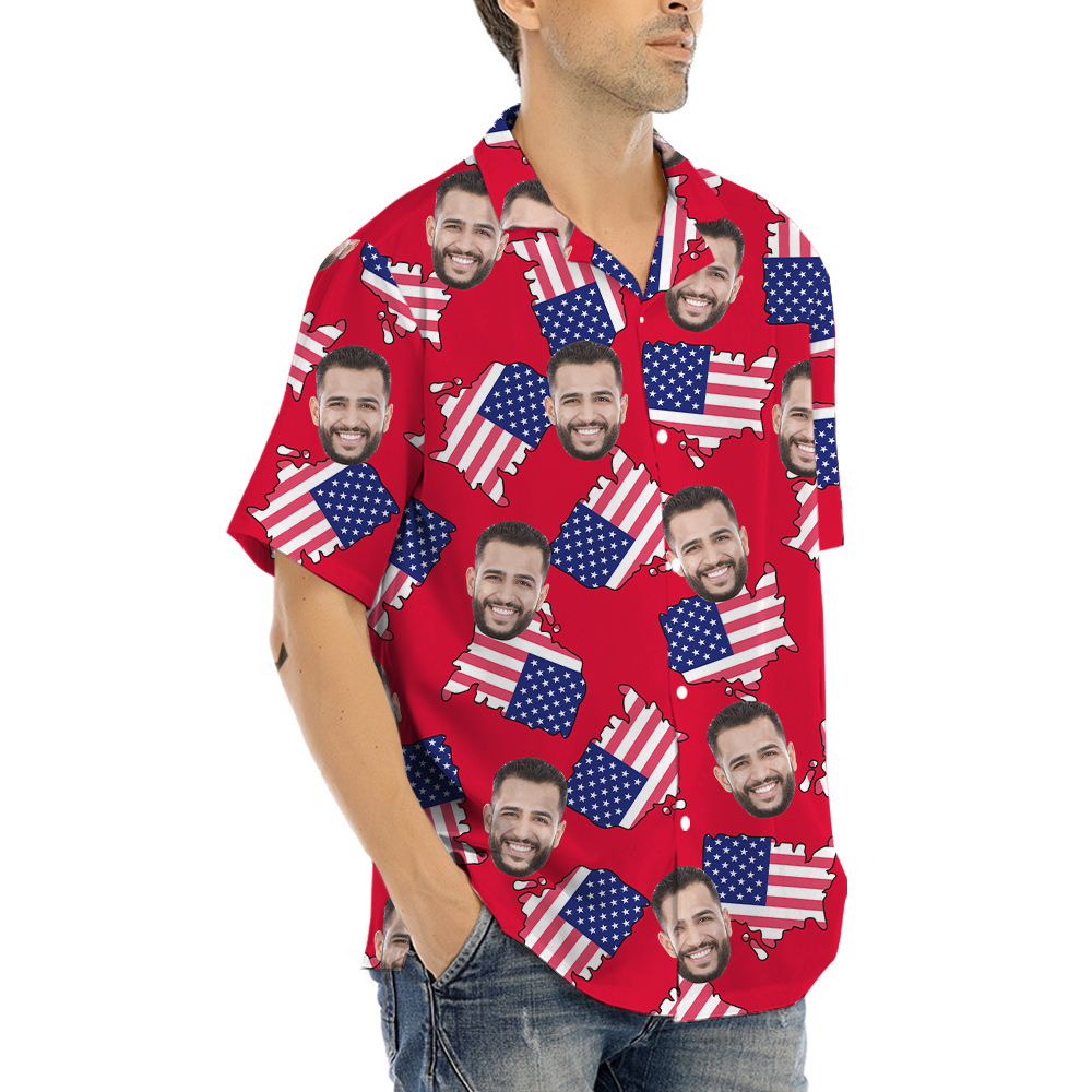 Custom Face Patriotic American Maps Red Aloha Shirt