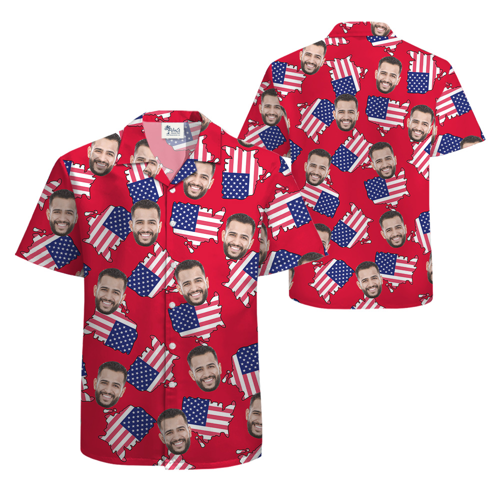 Custom Face Patriotic American Maps Red Aloha Shirt