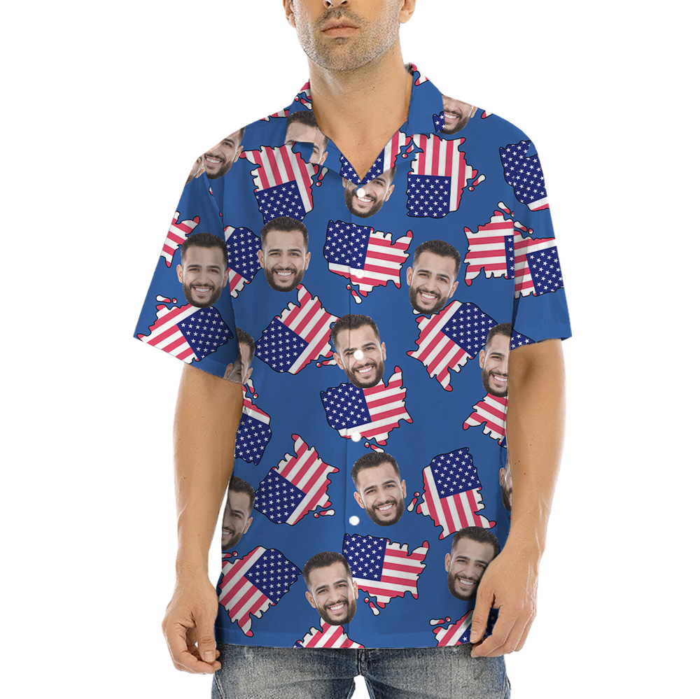 American Maps Blue Hawaiian Shirt With Custom Face - variant image 1