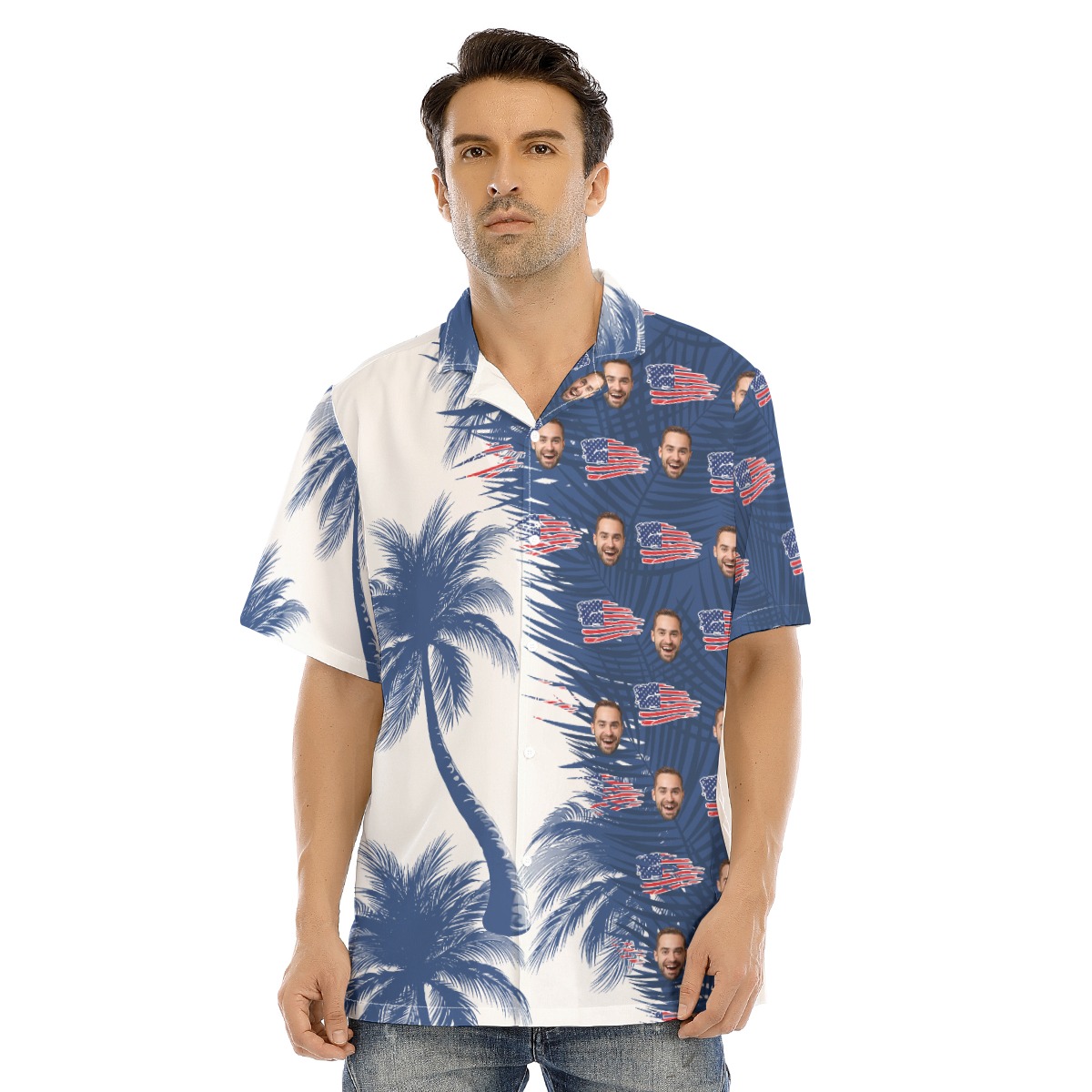 Custom Face American Flag Blue And White Palm Tree Hawaiian Shirt - variant image 1