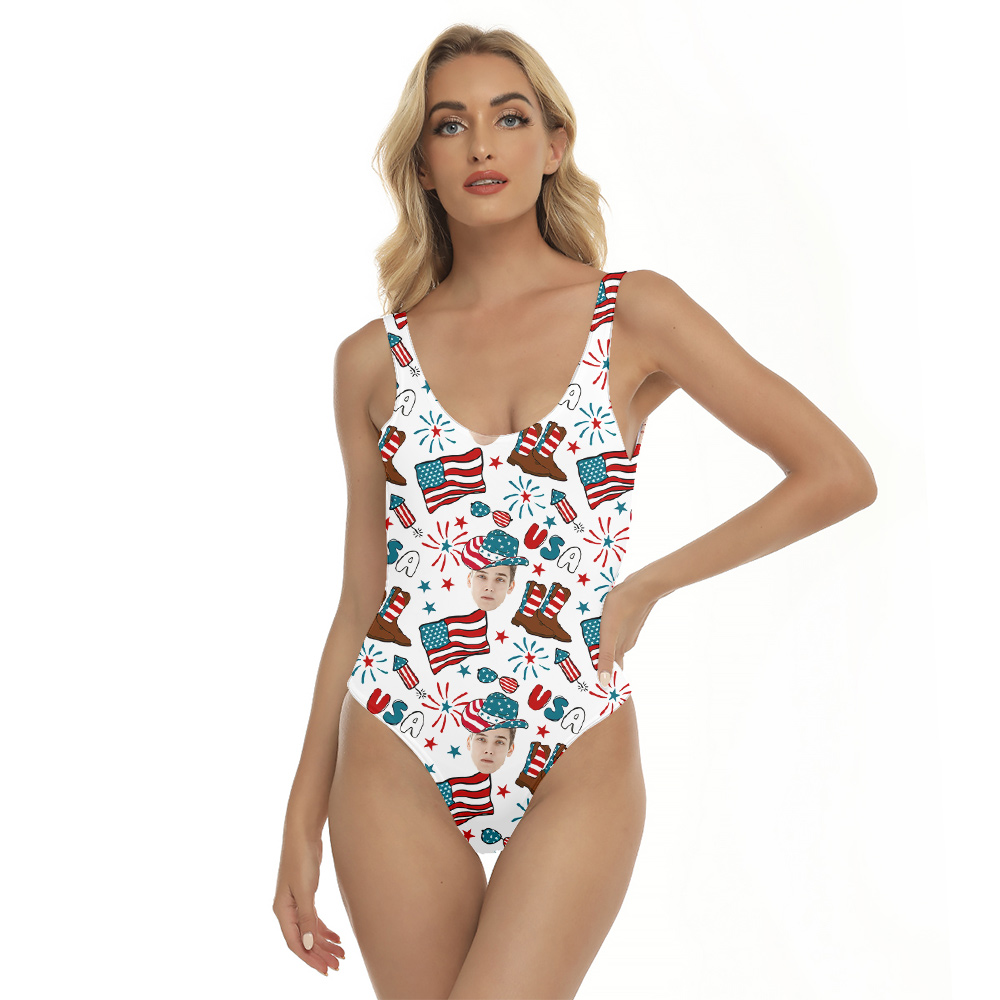 American Cowboy Hat Custom Face Patriotic Hawaiian Swimsuit - variant image 1
