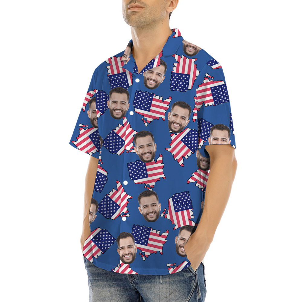 American Maps Blue Hawaiian Shirt With Custom Face