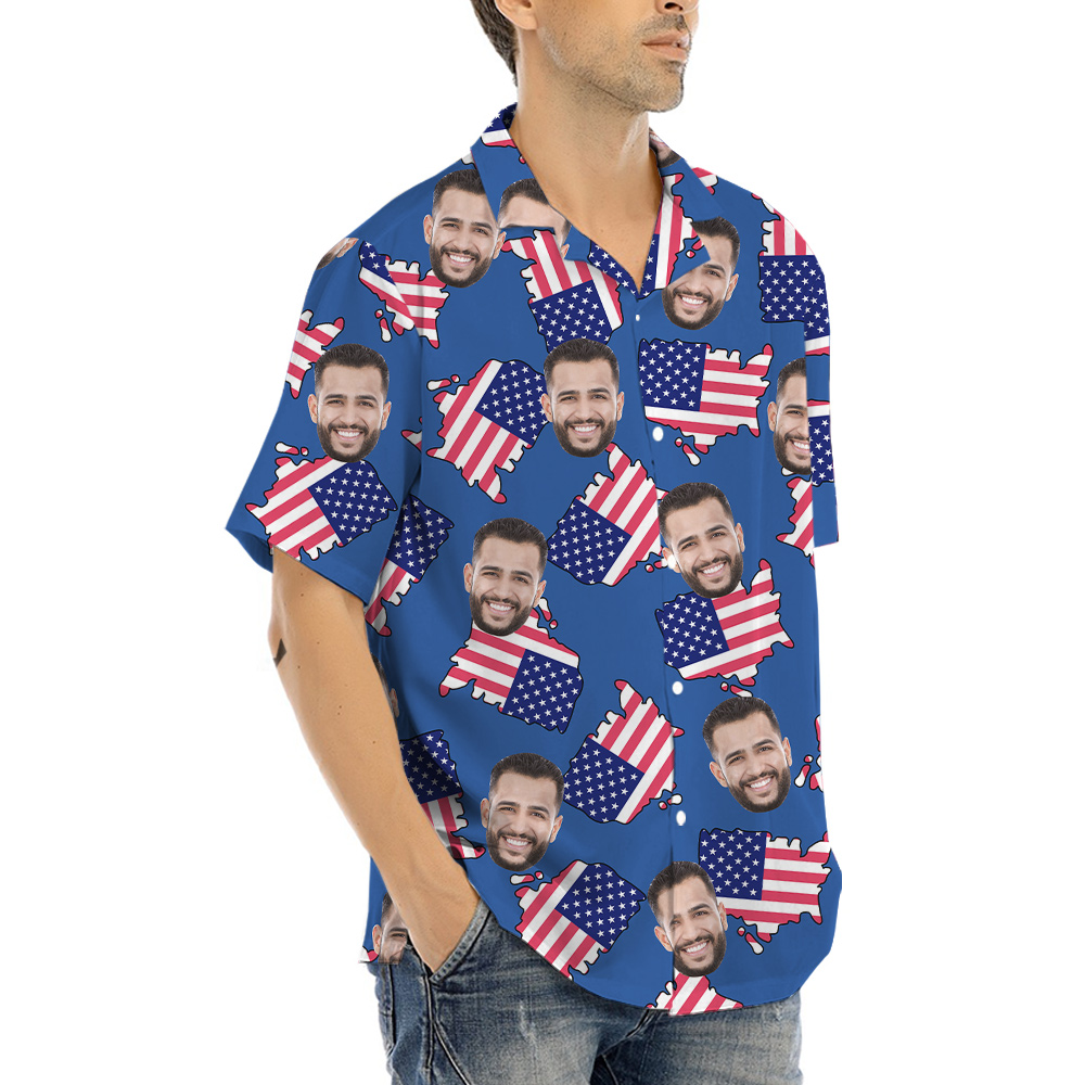 American Maps Blue Hawaiian Shirt With Custom Face