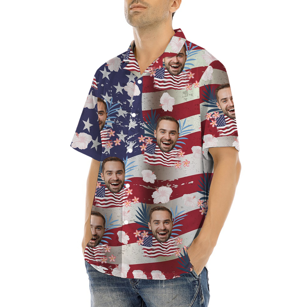 Custom Face American Flag Patriotic Hawaiian Shirt