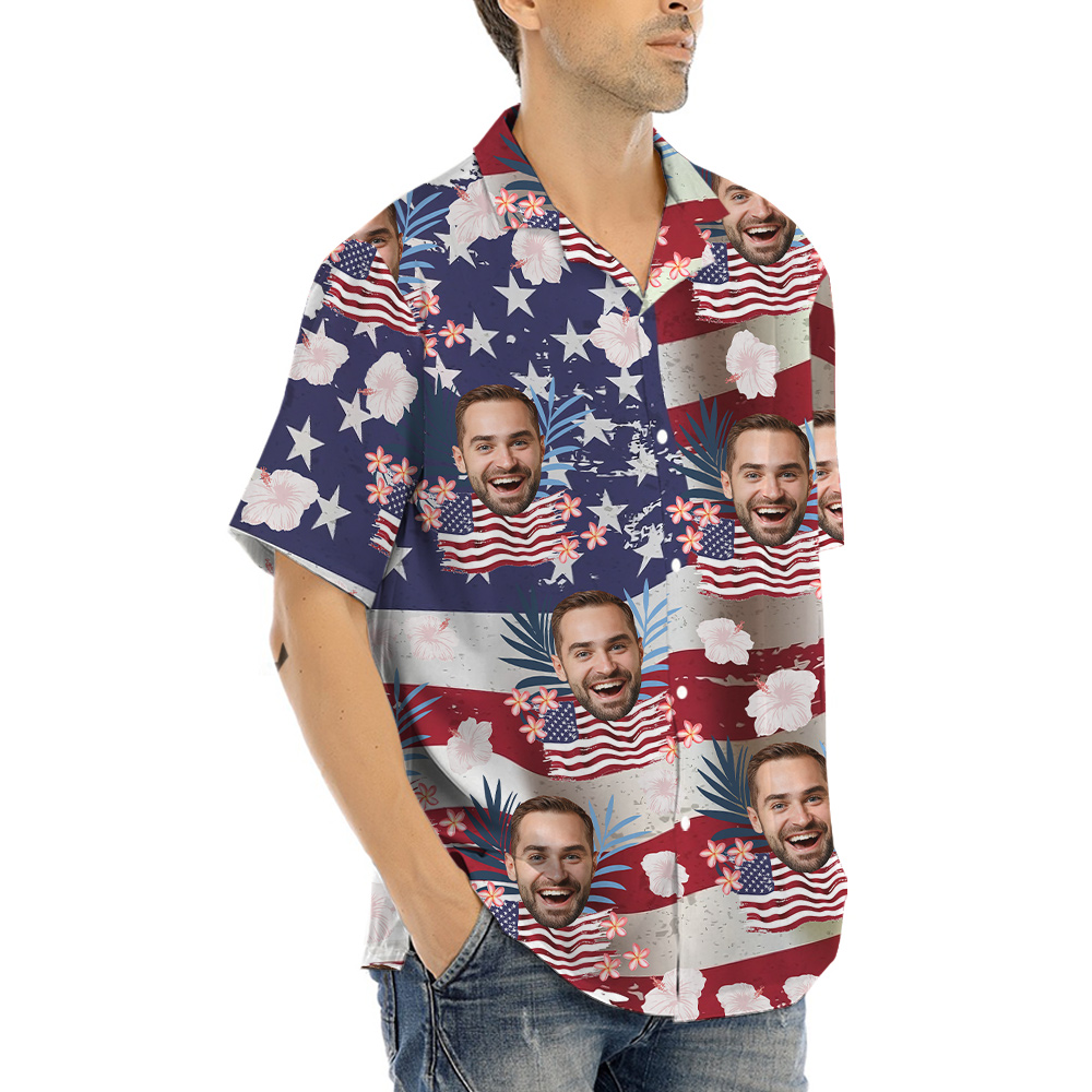 Custom Face American Flag Patriotic Hawaiian Shirt