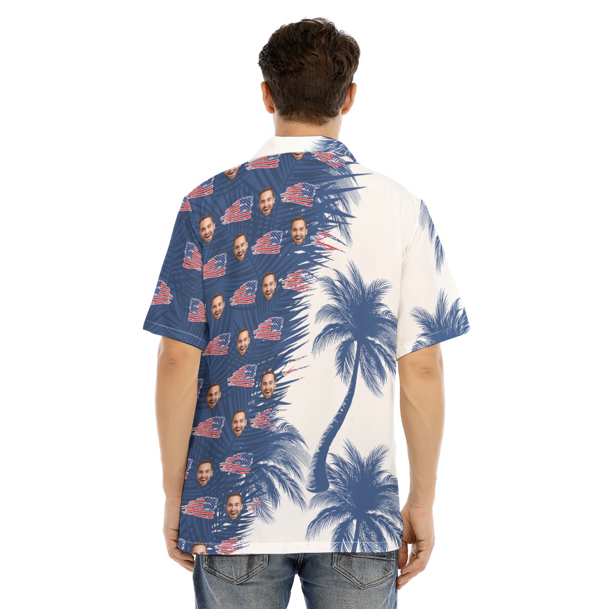 Custom Face American Flag Blue And White Palm Tree Hawaiian Shirt