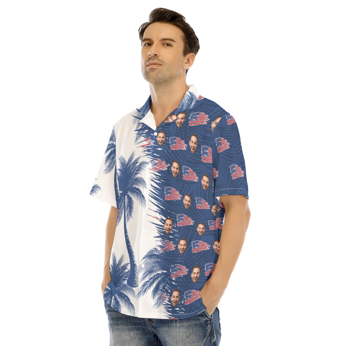 Custom Face American Flag Blue And White Palm Tree Hawaiian Shirt