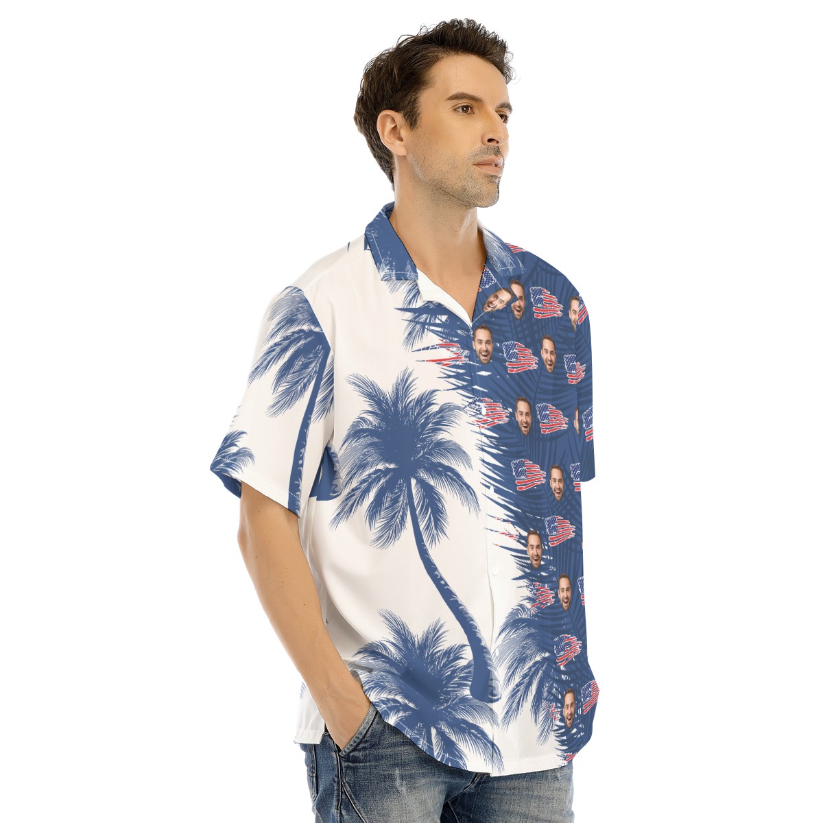Custom Face American Flag Blue And White Palm Tree Hawaiian Shirt