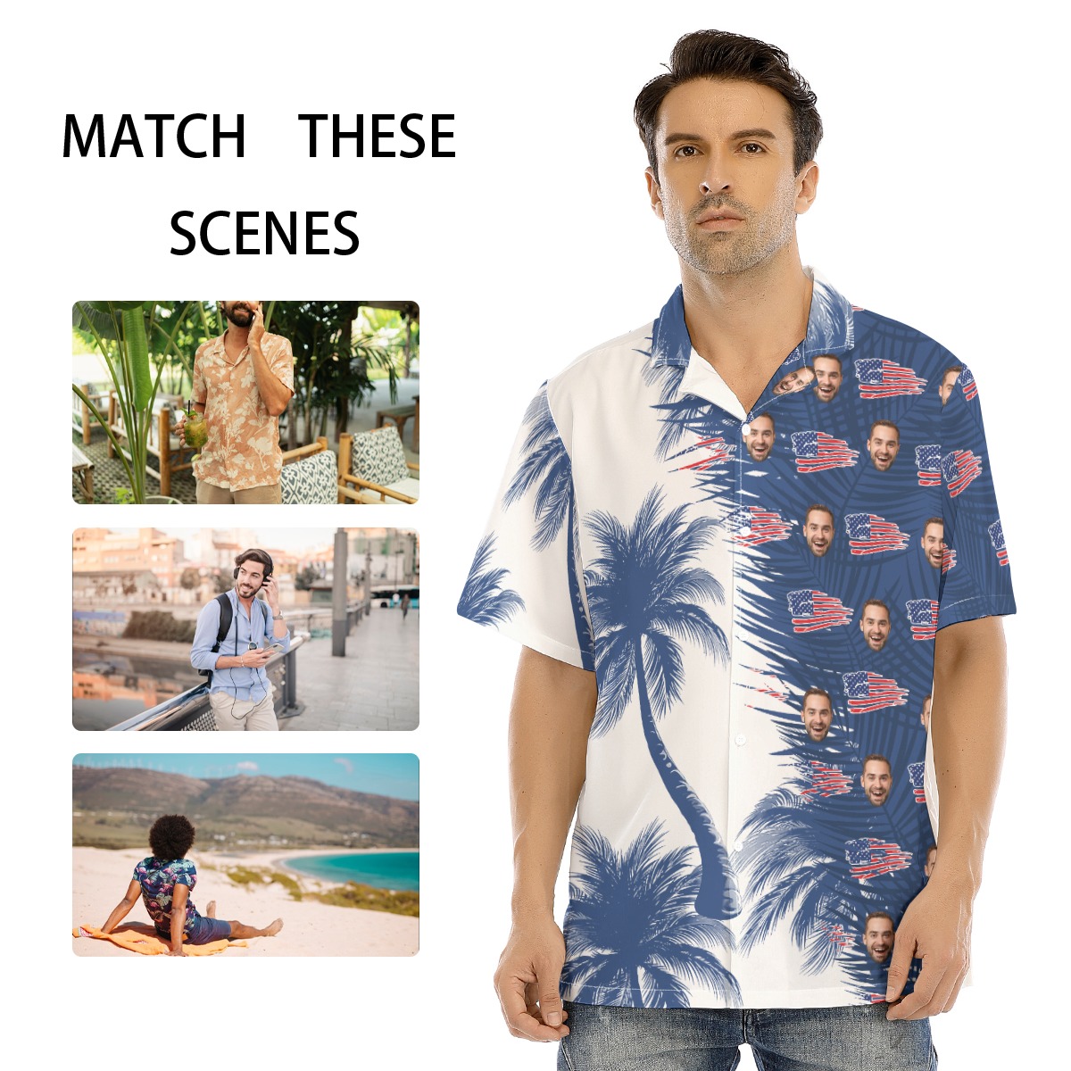 Custom Face American Flag Blue And White Palm Tree Hawaiian Shirt