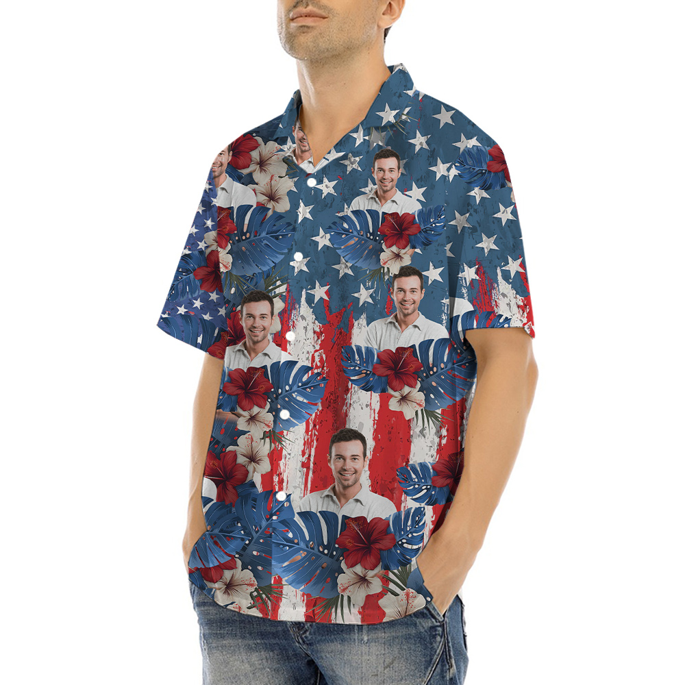 Custom Face Patriotic Hibiscus Hawaiian Shirt