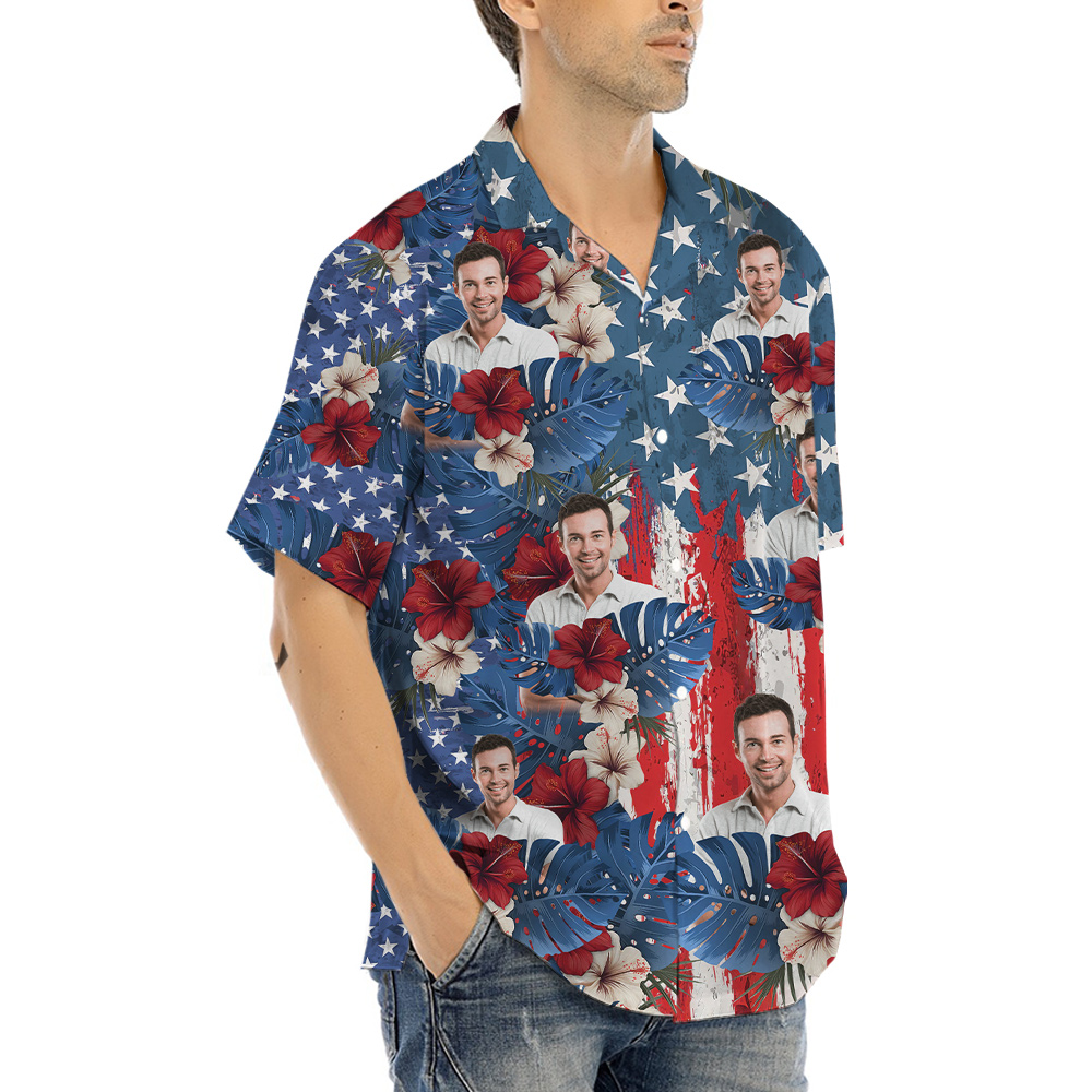 Custom Face Patriotic Hibiscus Hawaiian Shirt