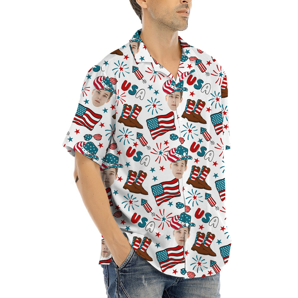 Custom Face With American Cowboy Hat Hawaiian Shirt