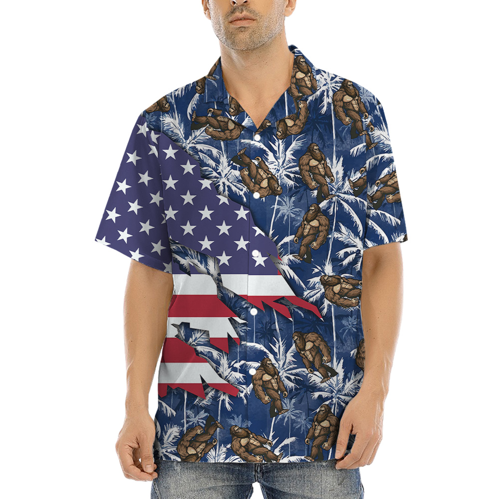 American Flag Sasquatch Palm Trees Blue Hawaiian Shirt - variant image 1