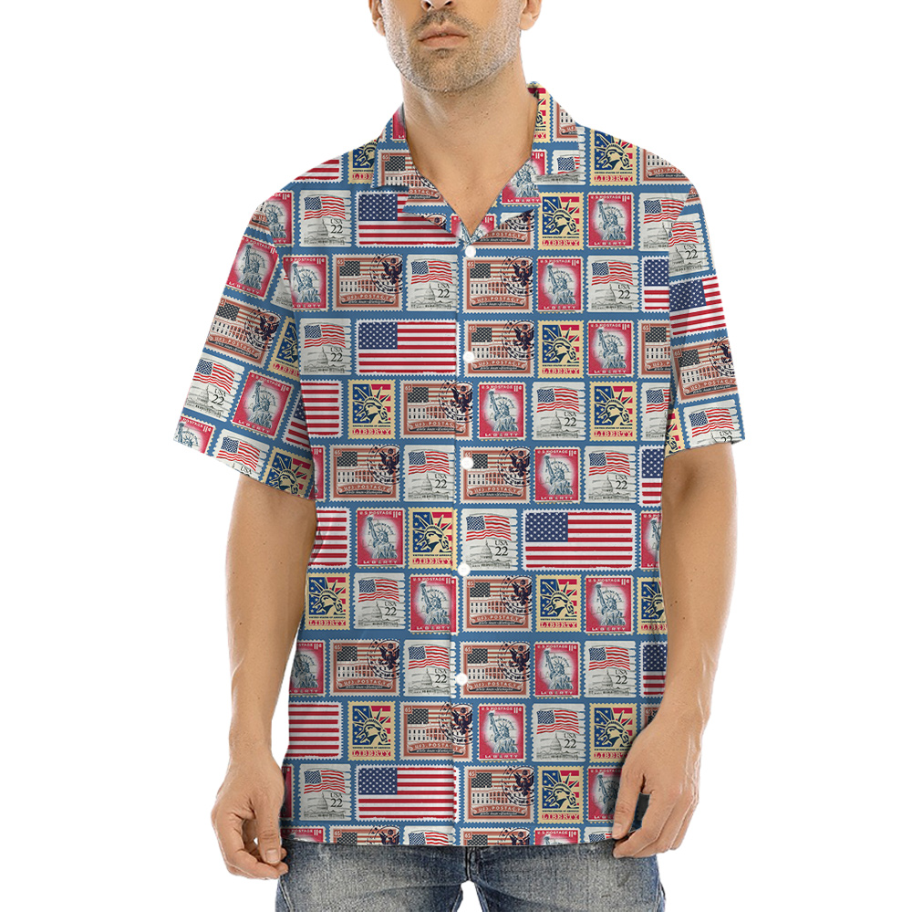 Vintage 4th Of July American Flag Stamp Hawaiian Shirt - variant image 1