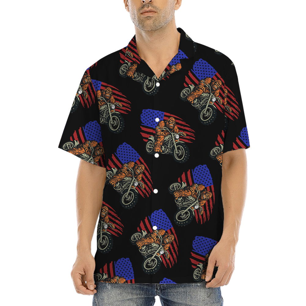 Bigfoot Riding Motorcycle American Flag Hawaiian Shirt - variant image 1