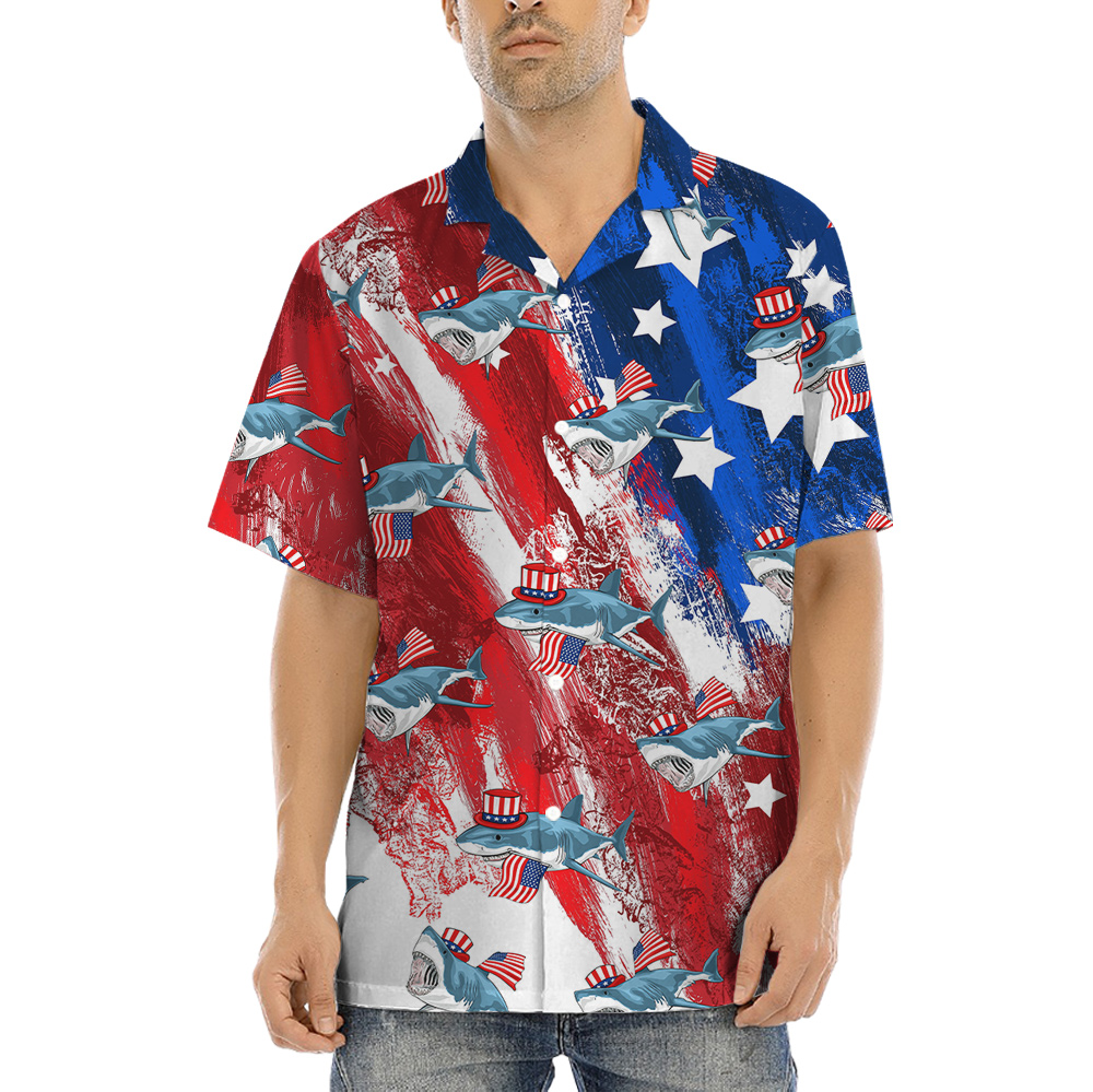 American Patriotic Shark Red And Blue Hawaiian Shirt - variant image 1