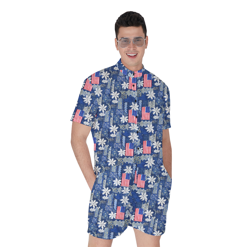 Vintage Floral American Flag Blue Hawaiian Romper - variant image 1