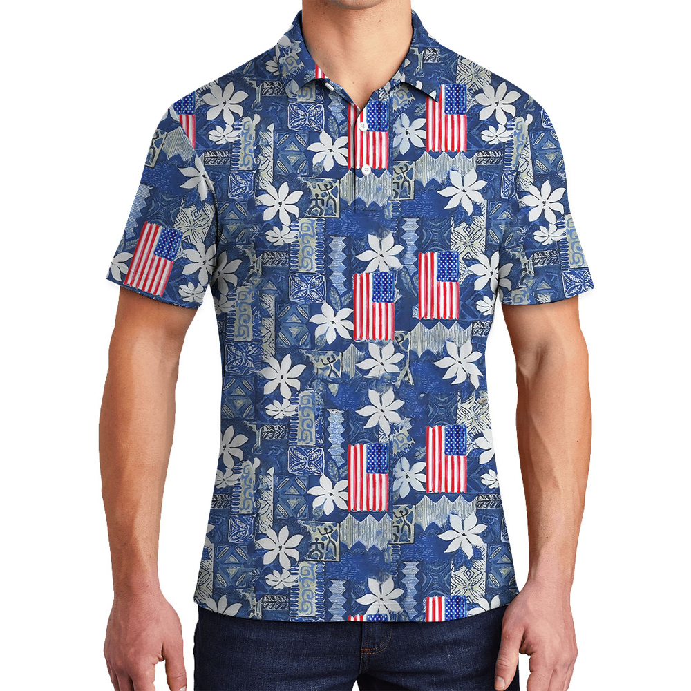 American Flag Vintage Blue Men's Polo Aloha Shirt - variant image 1