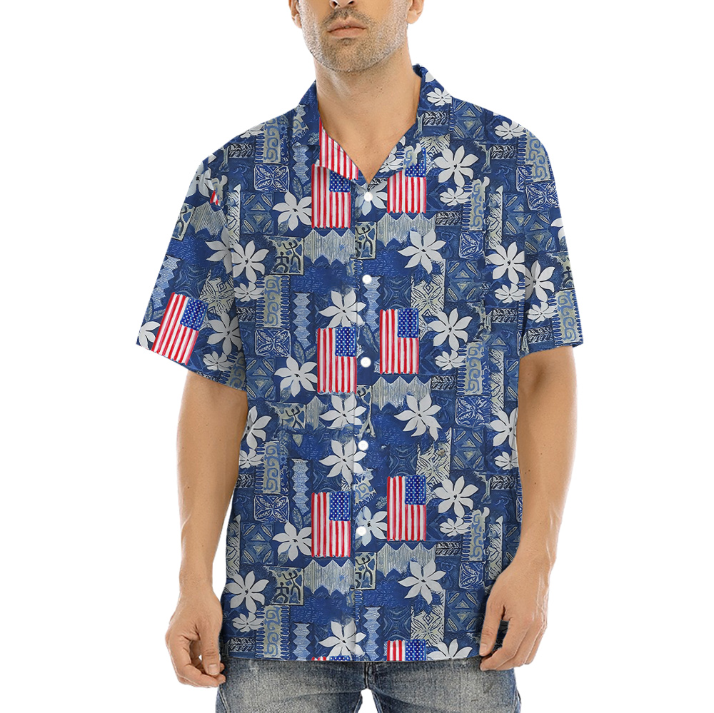 Vintage Blue Hawaiian Shirt With American Flag - variant image 1