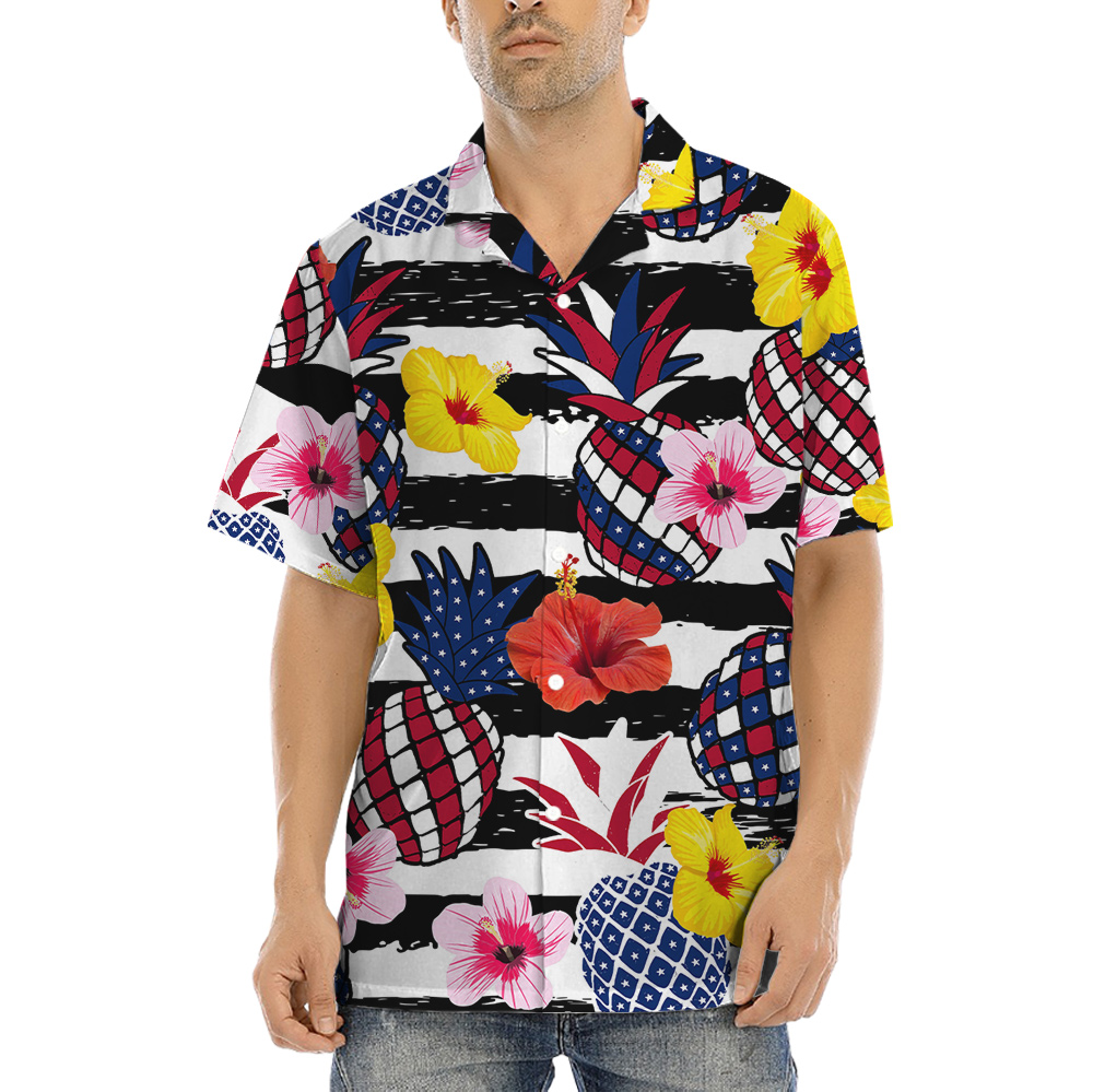 Patriotic Pineapple Hibiscus Red White Blue Patriotic Aloha Shirt - variant image 1