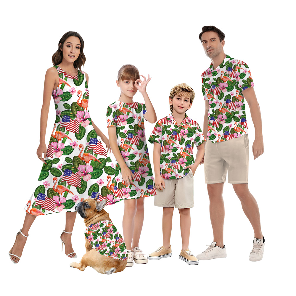 American Flag Flamingo Tropical Patriotic Matching Family Hawaiian Shirt And Dress - variant image 1
