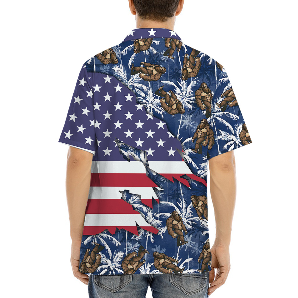 American Flag Sasquatch Palm Trees Blue Hawaiian Shirt