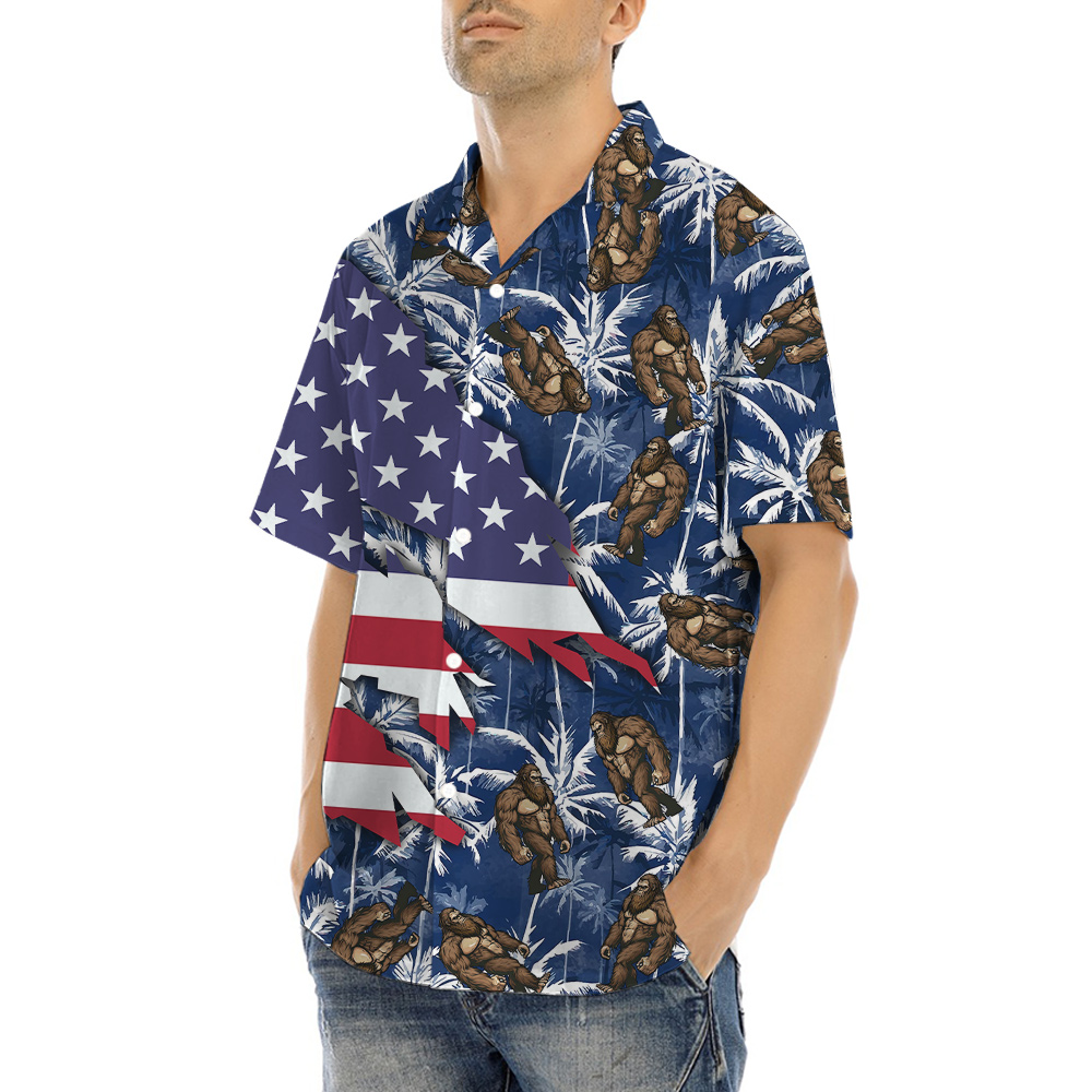 American Flag Sasquatch Palm Trees Blue Hawaiian Shirt