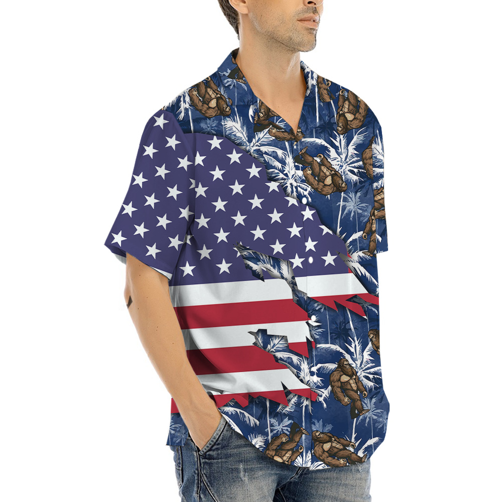 American Flag Sasquatch Palm Trees Blue Hawaiian Shirt