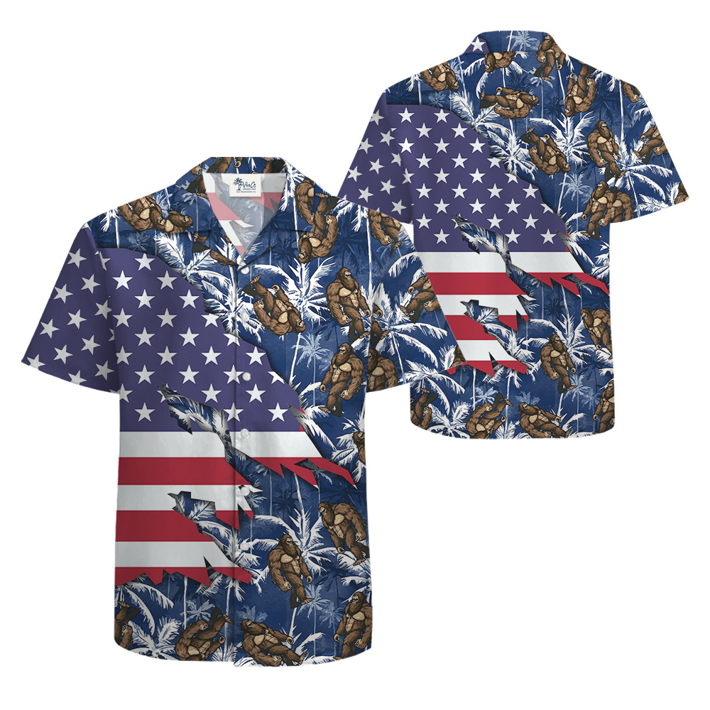 American Flag Sasquatch Palm Trees Blue Hawaiian Shirt