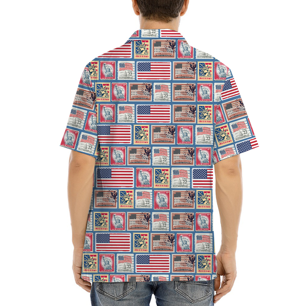 Vintage 4th Of July American Flag Stamp Hawaiian Shirt