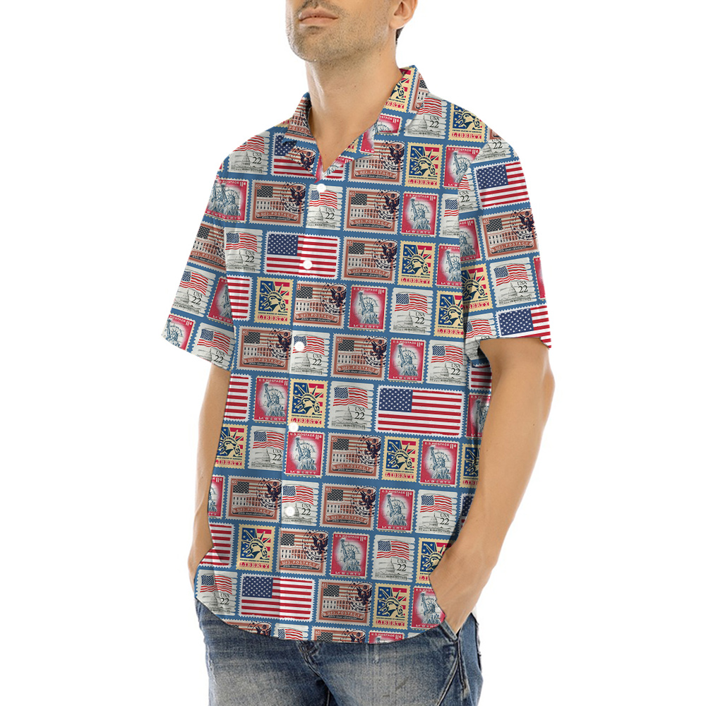 Vintage 4th Of July American Flag Stamp Hawaiian Shirt