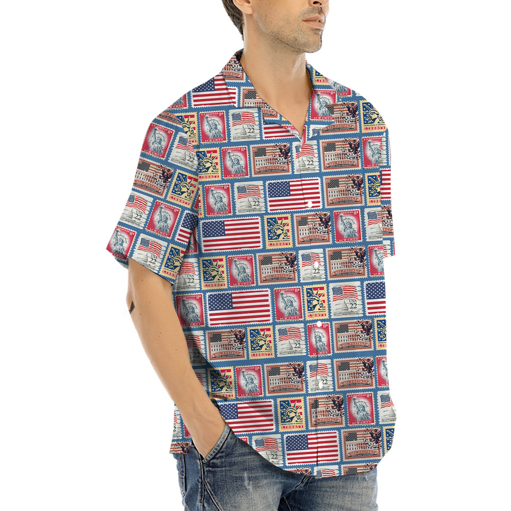 Vintage 4th Of July American Flag Stamp Hawaiian Shirt