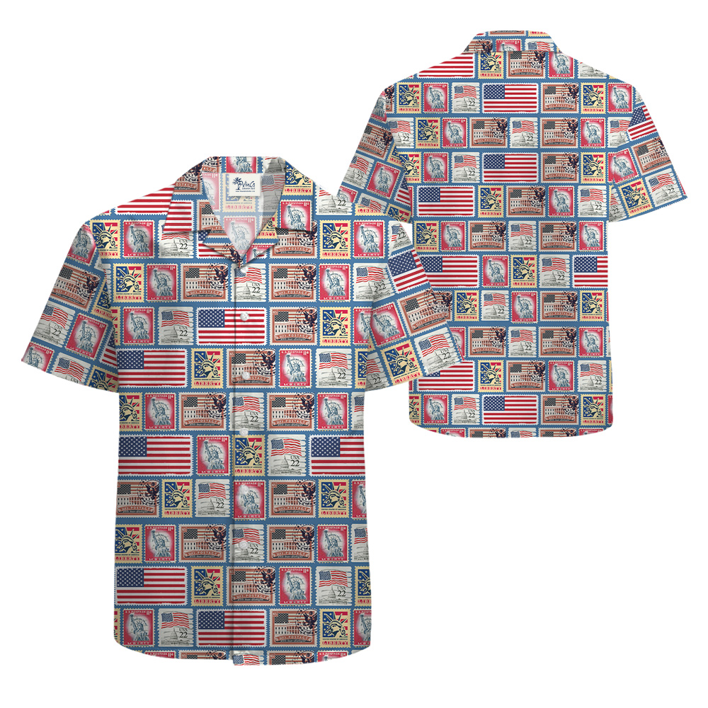 Vintage 4th Of July American Flag Stamp Hawaiian Shirt