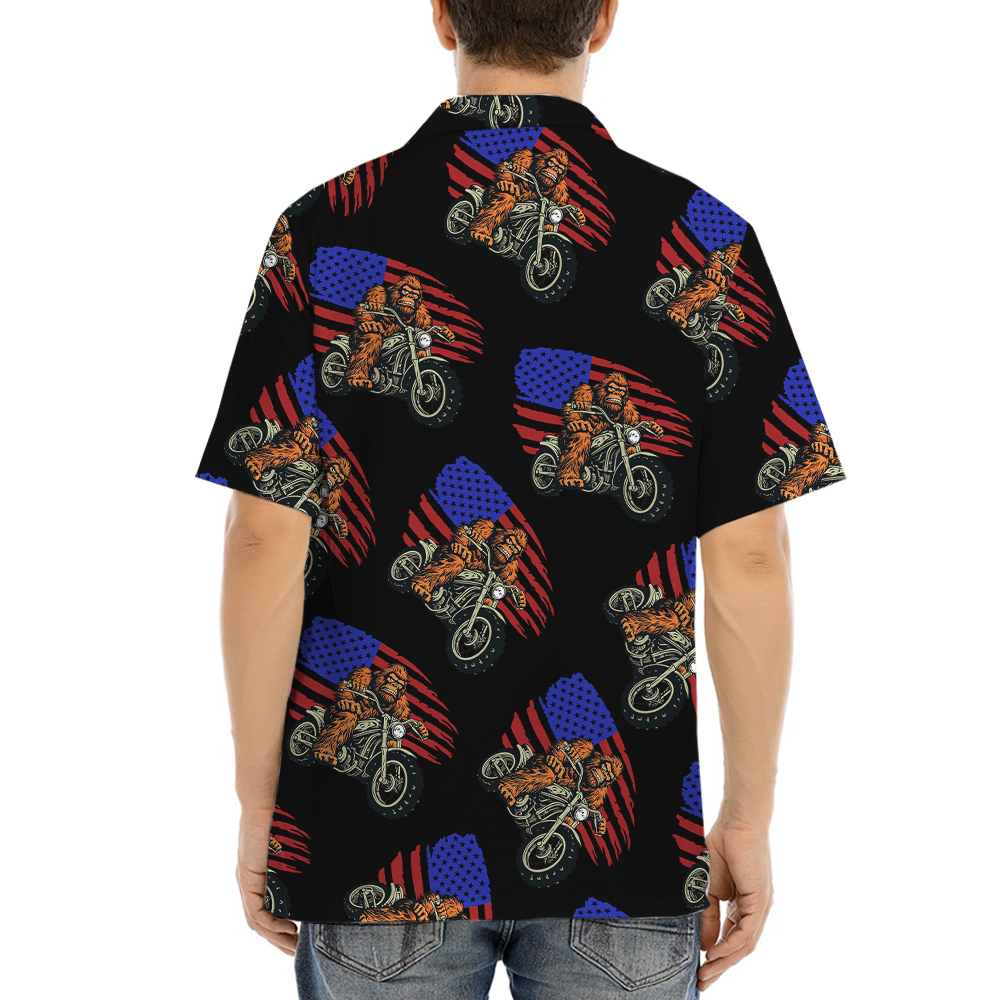 Bigfoot Riding Motorcycle American Flag Hawaiian Shirt
