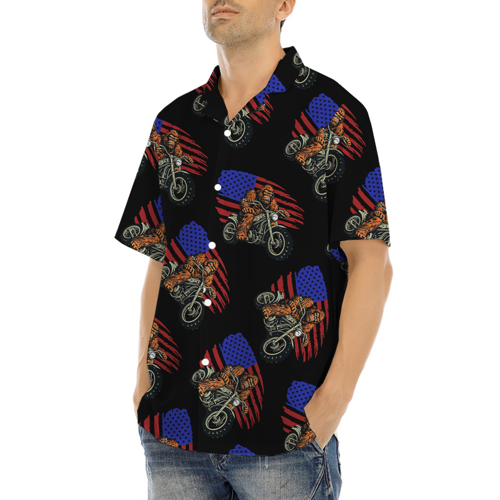Bigfoot Riding Motorcycle American Flag Hawaiian Shirt