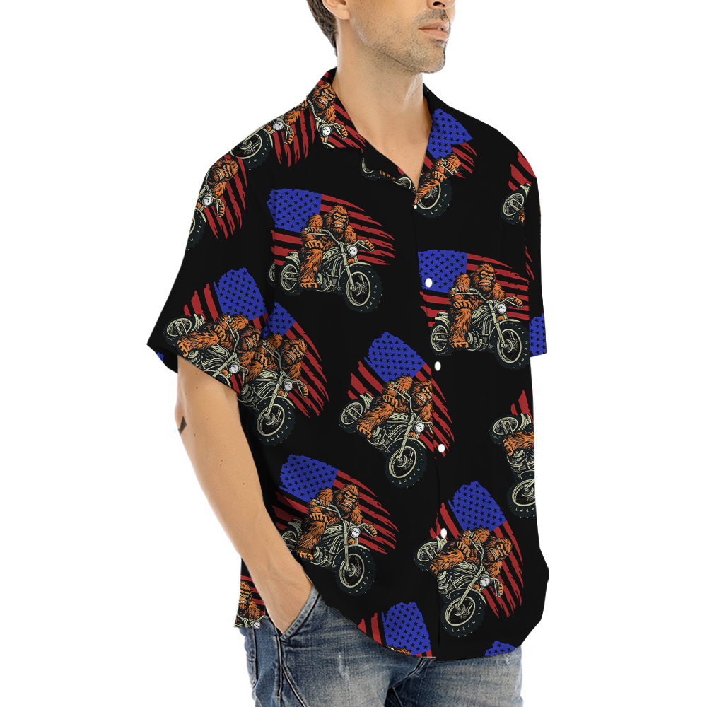 Bigfoot Riding Motorcycle American Flag Hawaiian Shirt