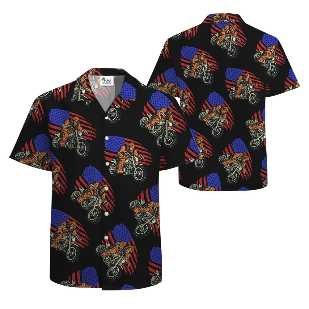 Bigfoot Riding Motorcycle American Flag Hawaiian Shirt