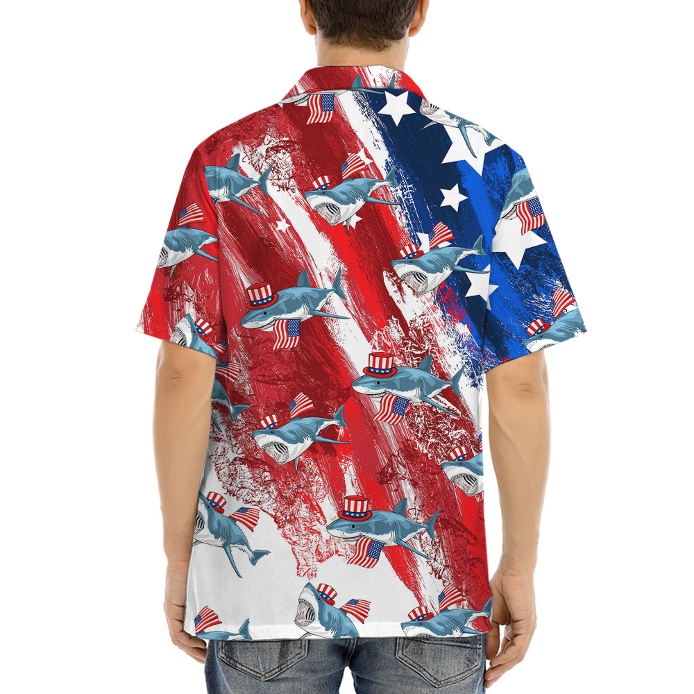 American Patriotic Shark Red And Blue Hawaiian Shirt