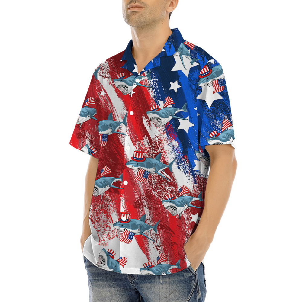 American Patriotic Shark Red And Blue Hawaiian Shirt